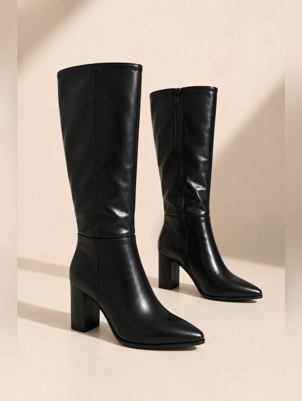 Shoe N Tale Black Knee High Block Heel Boots Size 9.5 Pointed Toe - Picture 3 of 8